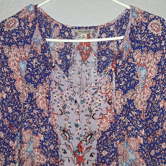 Lucky Brand • Blue Purple Tile Print Long Sleeve Boho Tunic Pesant M - Picture 3 of 6
